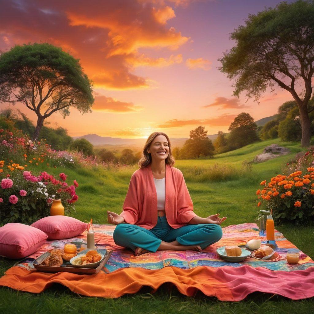 A colorful collage of joyful moments, featuring a diverse group of people embracing happiness in various situations: a family picnic, a group of friends laughing, a couple enjoying a sunset, and an individual meditating in nature. Incorporate elements representing data organization such as charts, graphs, and notebooks, all intertwined with vibrant flowers and sunshine. The scene should radiate warmth and positivity. vibrant colors. super-realistic.