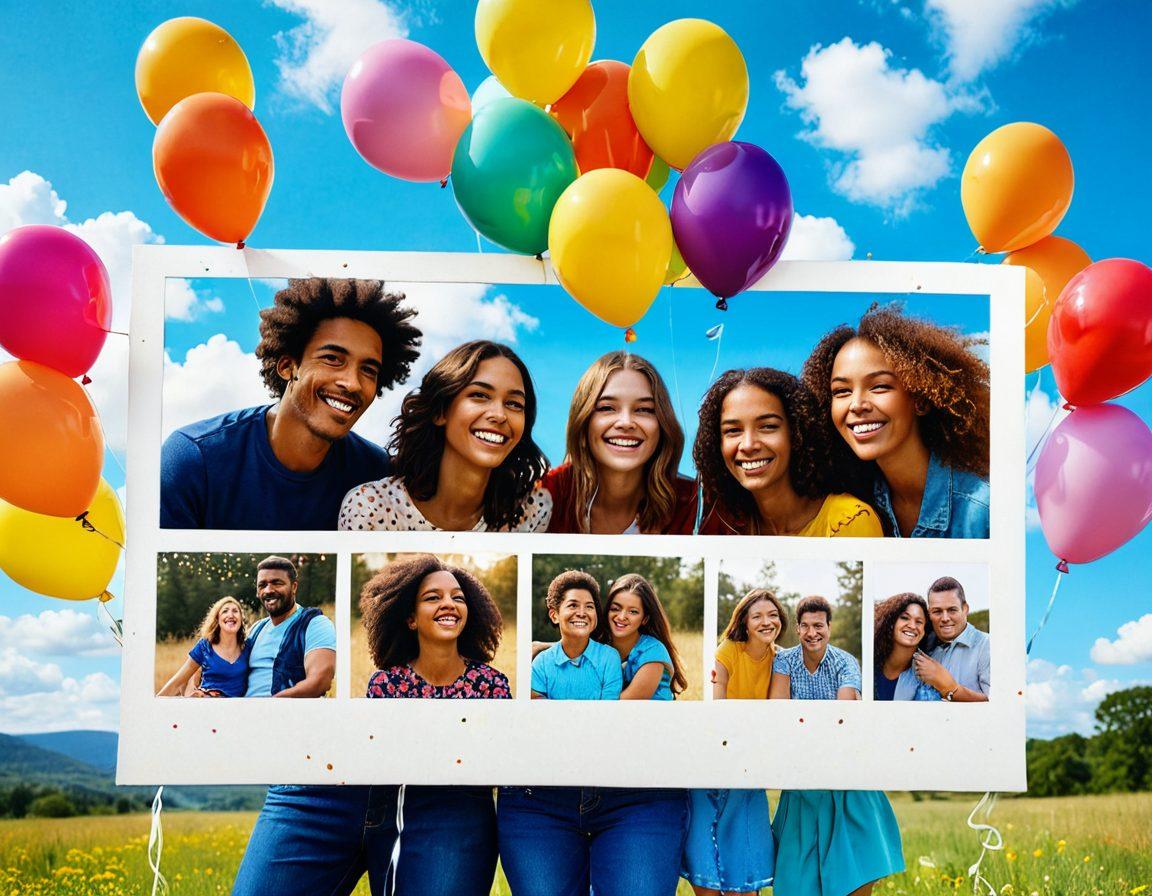 A vibrant collage of joyful moments captured in polaroid frames, featuring laughing people in diverse settings like family gatherings, outdoor adventures, and celebrations. Include whimsical elements like balloons, confetti, and sparkling lights to enhance the theme of happiness. The background should be a bright sunny sky with soft clouds. super-realistic. vibrant colors.