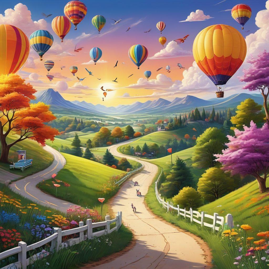 A vibrant road winding through a picturesque landscape filled with joyful moments, like laughter, friends, and nature. Along the path, metrics represented as colorful signs or markers indicating happiness, mindfulness, and achievements. The sky is bright and cheerful, symbolizing a positive outlook on life. Include whimsical elements like hot air balloons and playful animals. cartoon style. vibrant colors.